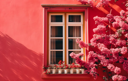 Beautiful window with pink flowers on the red wall of a houseの素材