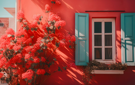 Colorful window and flower on red wall in Lisbon, Portugal.の素材