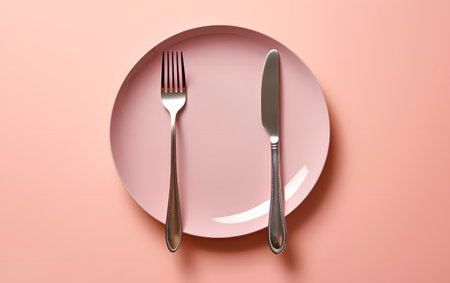 Empty pink plate with knife and fork on pink background, top viewの素材