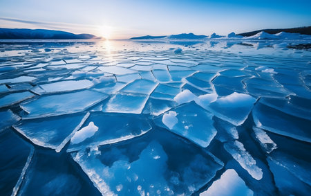 Ice hummocks on the shore of Lake Baikal at sunsetの素材