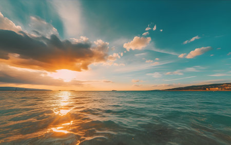 Beautiful seascape on a background of blue sky with cloudsの素材