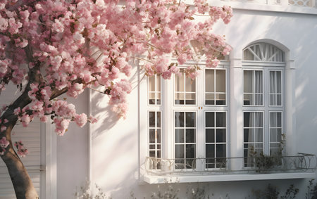 Beautiful pink cherry blossoms on the windowsill of a white houseの素材