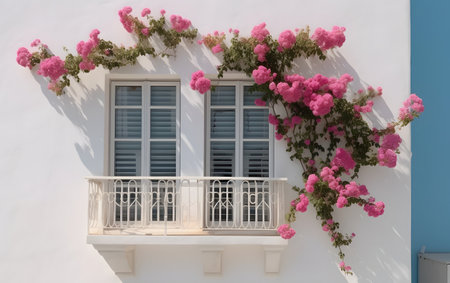 Balcony with pink flowers on the white wall in Mykonos, Greeceの素材