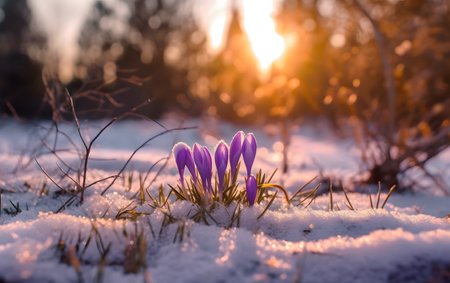 Beautiful purple crocus flowers in the snow. Early spring.の素材