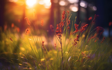 Beautiful grass in the forest at sunset. Selective focus.の素材
