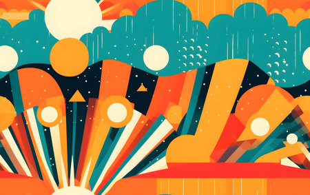 Abstract background with sun and clouds. Vector illustration in retro style.の素材
