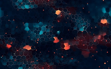 Abstract background with hexagons and particles. 3d render illustration.の素材