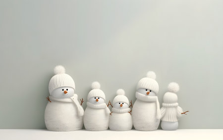 3d illustration of a snowman family standing in front of a wallの素材