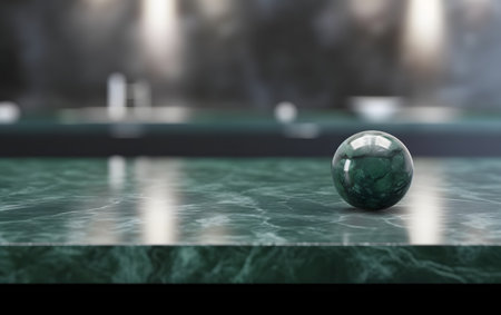 3d render of crystal ball on green marble table with copy spaceの素材