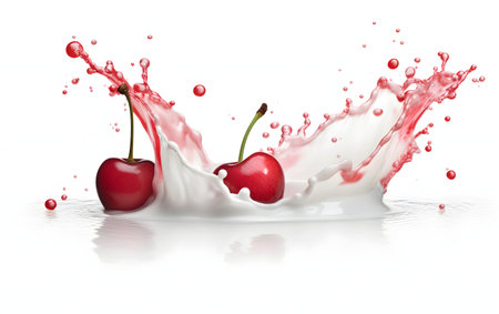 cherry and milk splash isolated on white background. 3d illustrationの素材