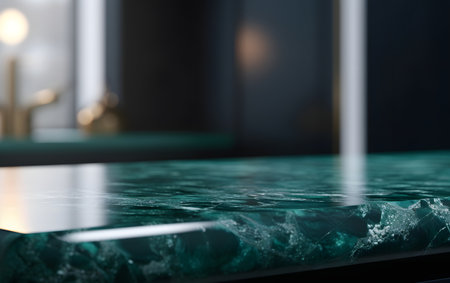 Closeup of a marble countertop in a modern bathroom, shallow depth of fieldの素材