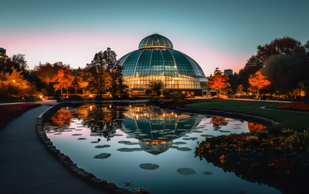 Sunset view of the Conservatory and Botanical Garden in Denver, Colorado.の素材
