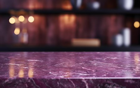 Pink marble table top in front of blurred bar counter background. Mock-up, 3D Renderingの素材
