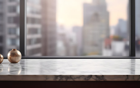 Empty marble countertop in front of window with city view. 3D Renderingの素材