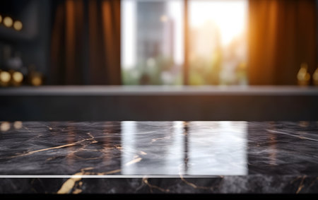 Black marble countertop in modern kitchen, blurred background. 3d renderingの素材