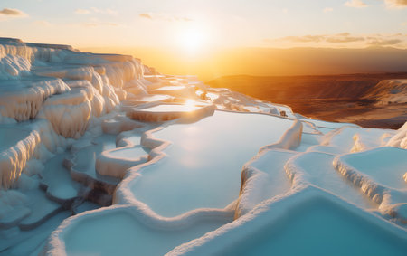 Frozen lake at sunset in Pamukkale, Turkey.の素材