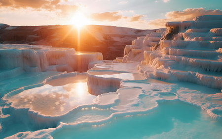 Ice formations at sunset in Pamukkale, Denizli, Turkeyの素材