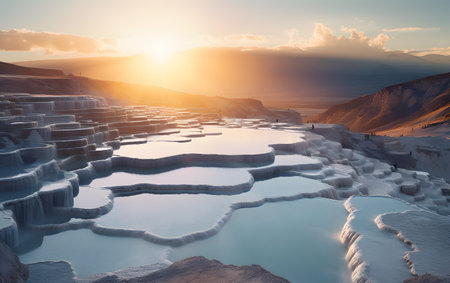Frozen lake in Pamukkale, Turkey at sunset.の素材