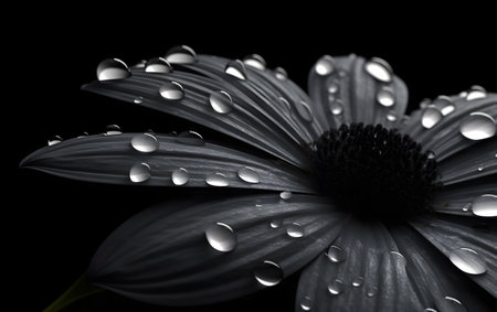 Black and white daisy with water drops on a black background.の素材