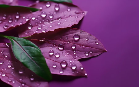 Water droplets on purple leaves with copy space. Natural background.の素材