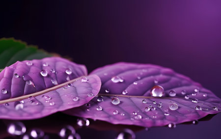 Water drops on purple leaf with copy space for text or image.の素材