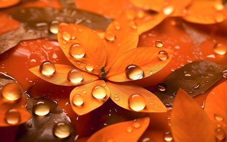 water drops on orange flower petals with shallow depth of field.の素材