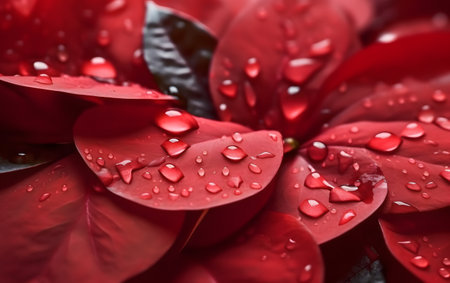 Water droplets on red petals of a christmas tree.の素材