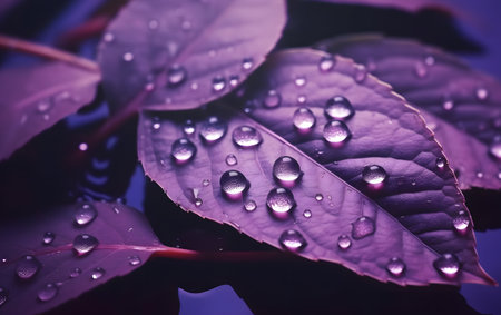 Water droplets on purple leaves after the rain. Natural background.の素材