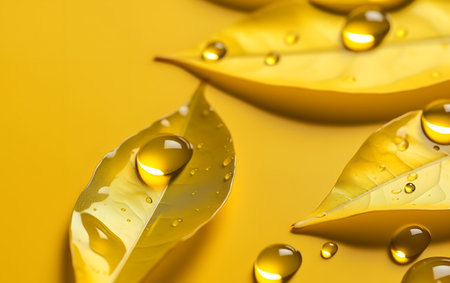 Leaves with water drops on yellow background, closeup. nature backgroundの素材