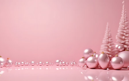Christmas background with pink christmas balls and fir tree on pink backgroundの素材
