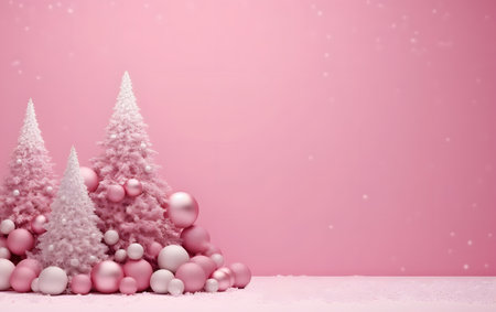 Christmas background with pink christmas tree and snowflakes on pink backgroundの素材