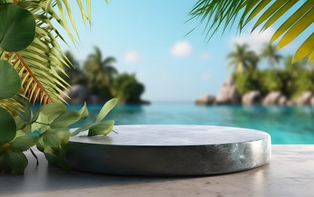 Round marble podium on white marble table in front of tropical beach. 3d renderingの素材