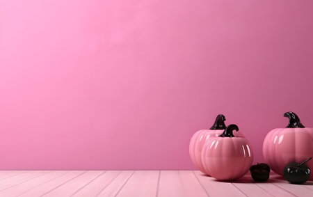 Halloween pumpkins on pink wooden table. Space for text.の素材