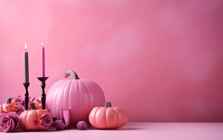 Halloween composition with pumpkins, candles and flowers on pink backgroundの素材