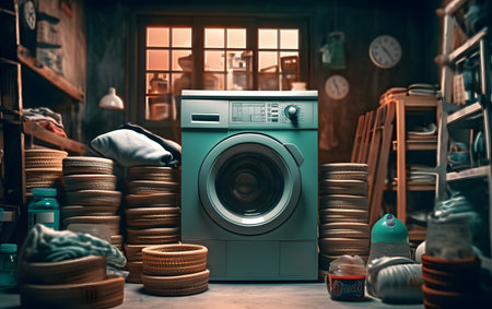 Washing machine in a laundry room. Laundry concept.の素材
