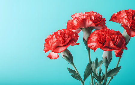 red carnation flowers on blue background with copy space for your textの素材
