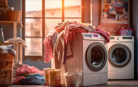 Laundry room interior with washing machine and dirty clothes on the floorの素材