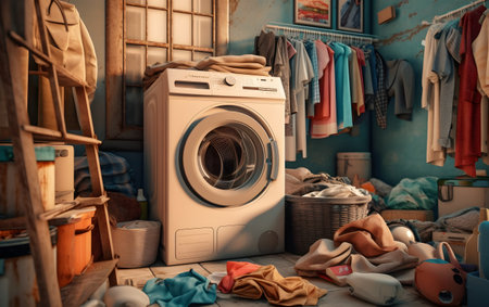 Washing machine in dirty laundry room. Washing machine with dirty clothes.の素材