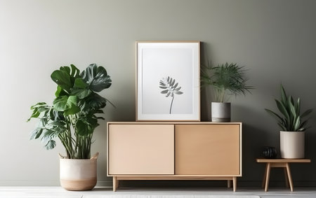 Interior of modern living room with wooden chest of drawers, plants and mock up poster frame. 3d renderingの素材