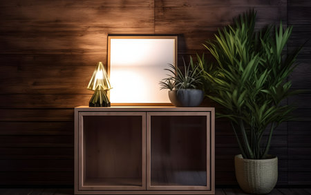 Blank picture frame on wooden cabinet with plant. 3D renderingの素材