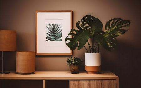 Modern scandinavian interior design. Mock up poster frame, plant and lamp on brown wall background. 3d renderingの素材