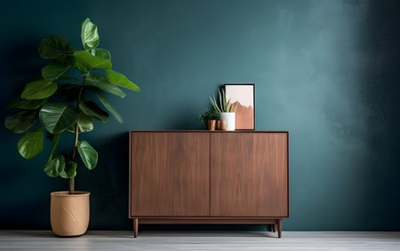 Wooden chest of drawers in modern living room interior with green wallの素材