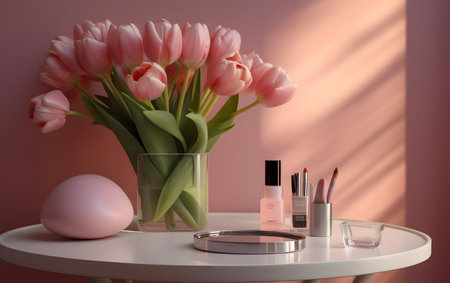 Pink tulips in vase on table near wall with makeup productsの素材