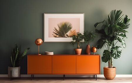 Interior of modern living room with orange chest of drawers and plants. 3d renderingの素材