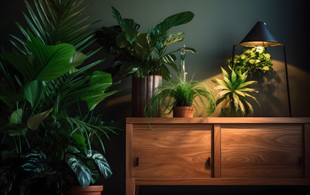 Wooden chest of drawers with green plants and lamp in dark roomの素材