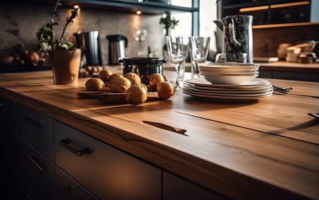 Close up of wooden table with plates and crockery in modern kitchenの素材