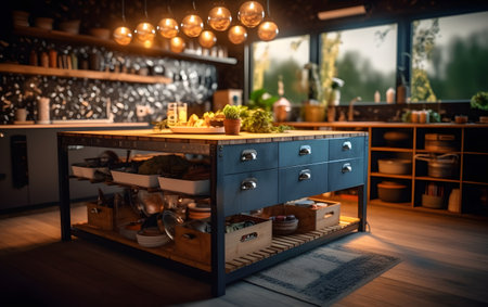 Interior of a modern kitchen with a wooden cupboard and shelvesの素材
