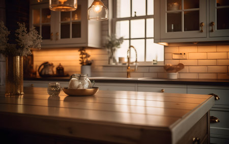 Kitchen interior with wooden countertop, vase of flowers and candlesの素材