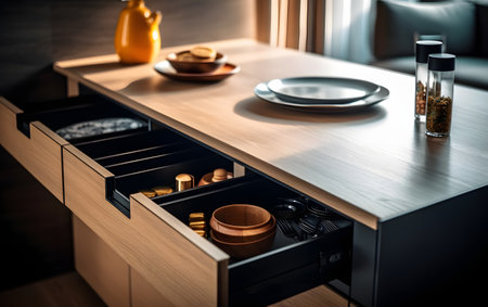 Wooden kitchen cabinet with utensils, close up view.の素材