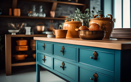 Kitchen interior with cupboard and kitchenware. Vintage-style.の素材